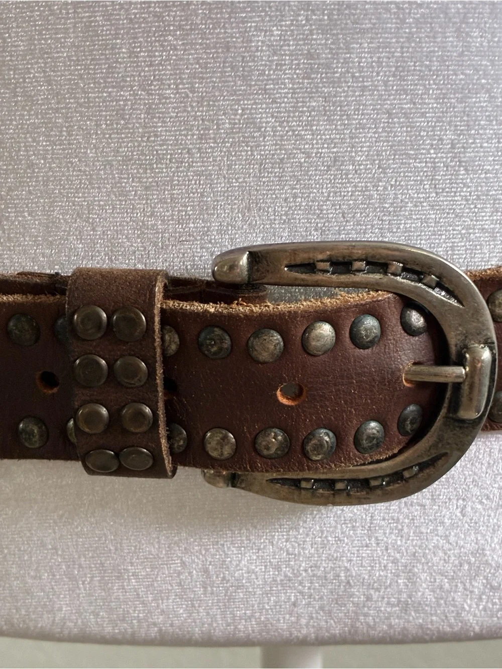 Western Antique Silver Studs Brown Leather Belt With Horse Shoe Buckle